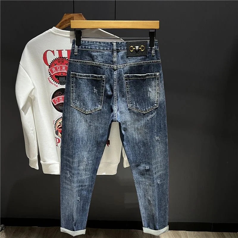 Spring and Autumn New Men's Fashion Trend Ripped Patch Small Foot Pants Men's Casual Slim Comfortable High-Quality Jeans