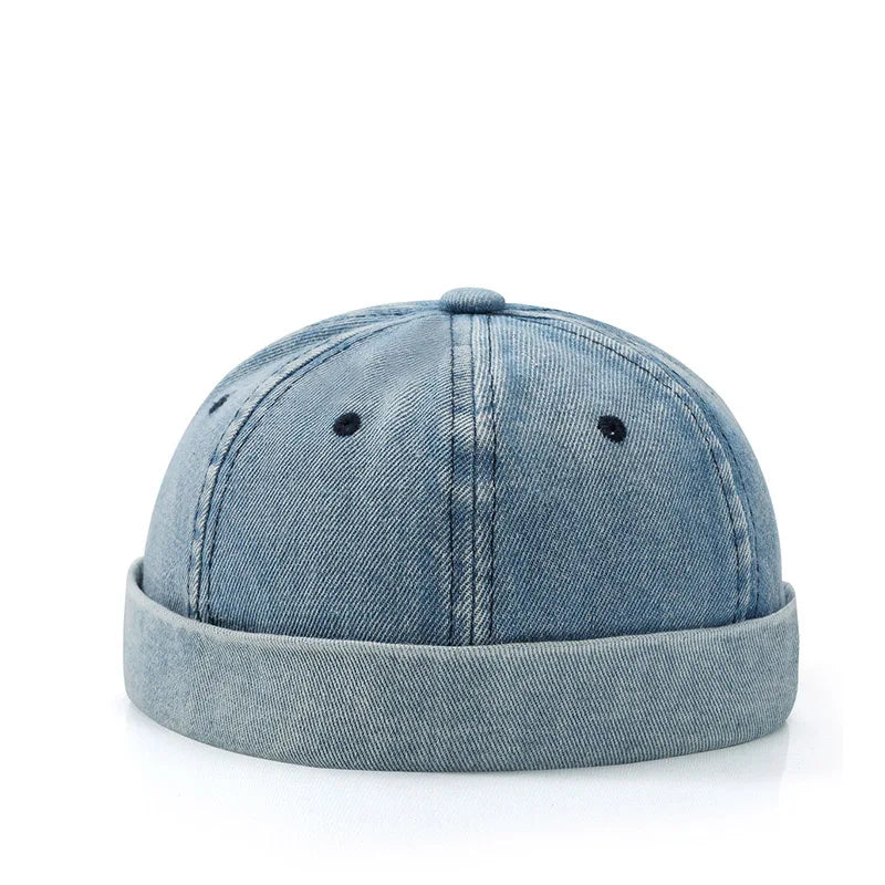 Hip Hop Blue Denim Washed Cotton Landlord Hat Docker Cap Rolled Edge Brimless Sailor Hat Solid Adjustable Beanie Hats Streetwear