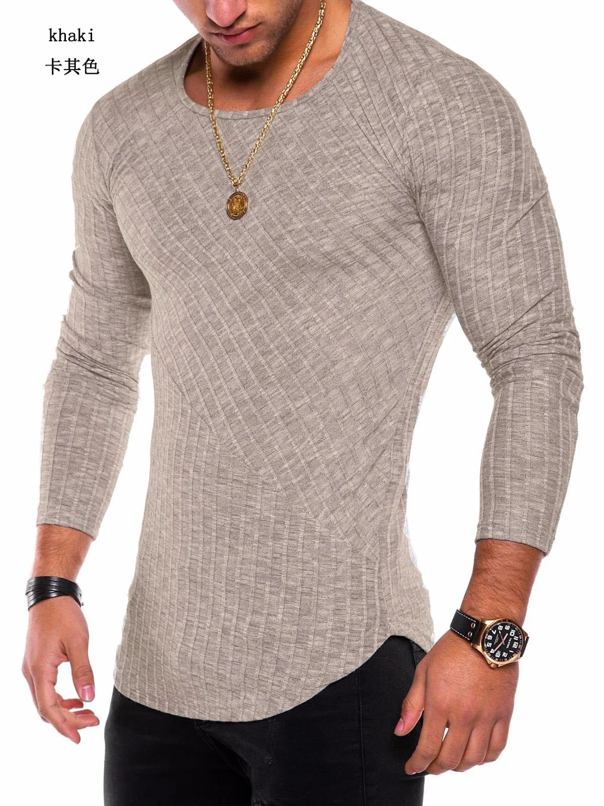 Men's Knitted Thin Base Sweater with Curved Hem Design Round Neck Tight Fit Elastic Long Sleeved T-shirt Thin Sweater