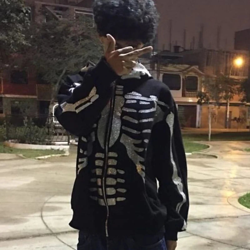 Rhinestone Full Zip Hoodie Skeleton Goth Sweatshirt Pull Long Sleeve Black Hoodies Y2k Fashion Men's Women's Sport Jackets Coats