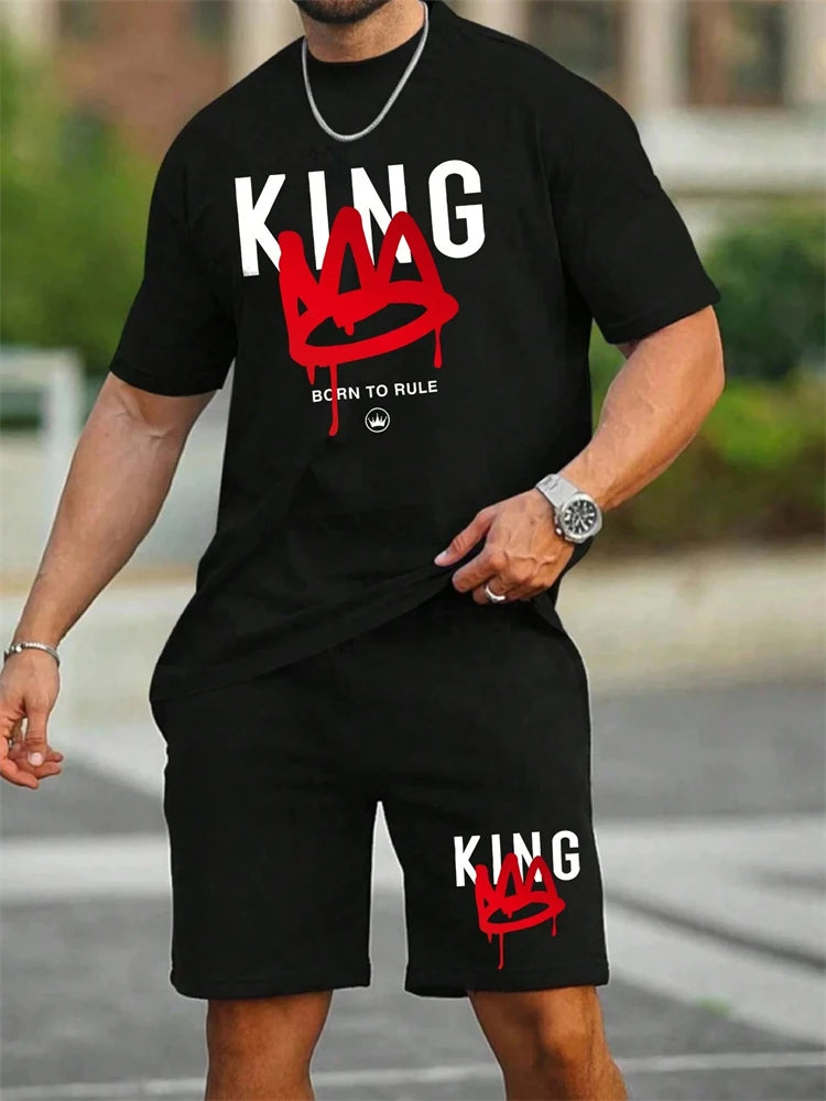 New Men's Short Sleeve Shorts Set Fashion King Printed T-Shirt Shorts 2 Sets of Casual Round Neck Jumper Breathable Sportswear