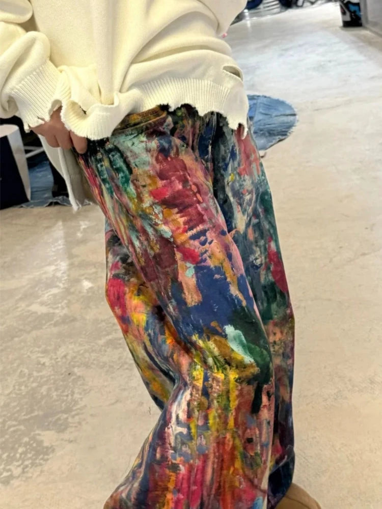 Y2K Fashion Men's Colorful Printing Denim Pants Spring Autumn New Casual Loose Straight Jeans Men Hip Hop Baggy Jean Trousers