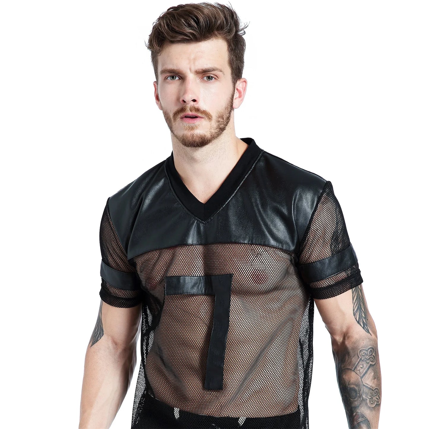 CLEVER-MENMODE Sexy Men Fishnet T-Shirt PU Faux Leather Mesh Shirts See Through Tops Tee Transparent Short Sleeve Stage Clubwear
