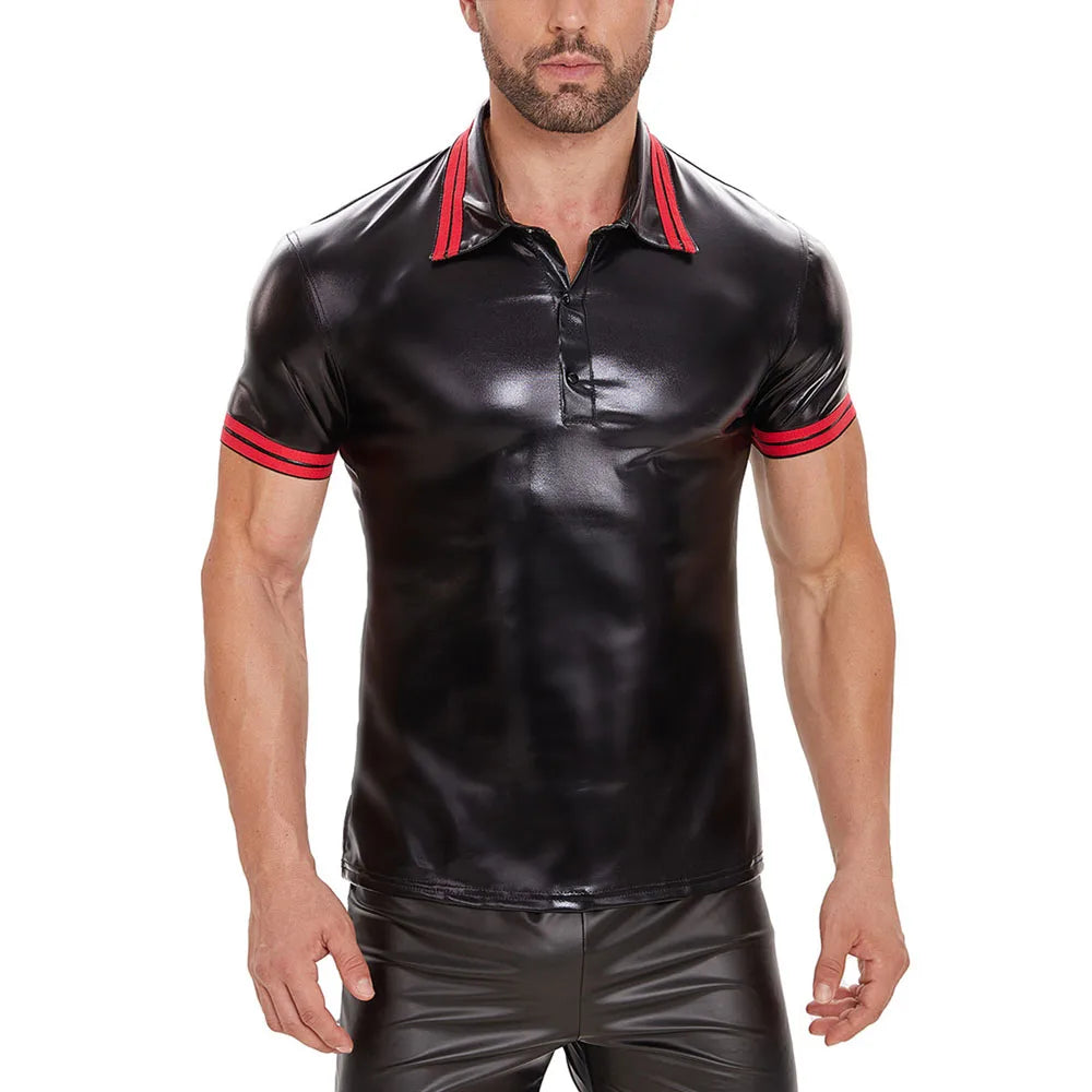 S-5XL Shiny Faux PU Leather Short Sleeve T Shirt Men Turn Down Collar Tshirt Tights Cosplay Hot Shapers Muscle Tees Clubwear Top