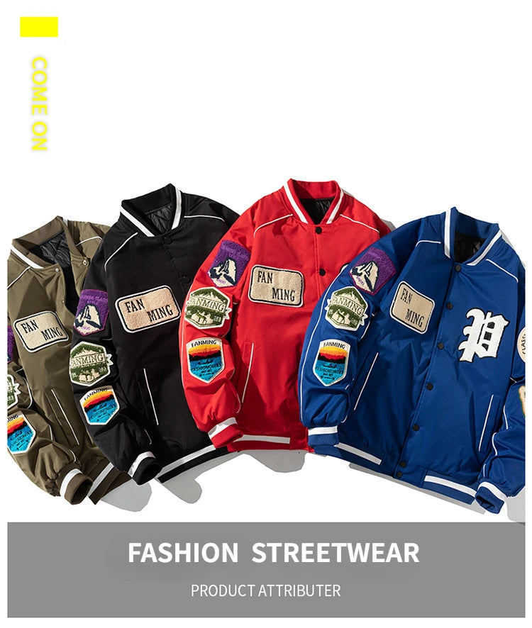 Winter Varsity Jacket Men Women Letter Badge American Baseball Jacket Street Fashion Hip Hop Coat Youth Couple Clothes Blue Red