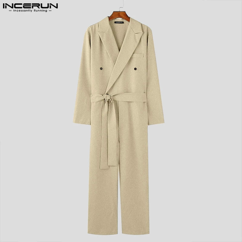 American Style Fashion Jumpsuit Casual Men's Suit Neck Double Breasted Jumpsuits Long Sleeved Casual Rompers S-5XL