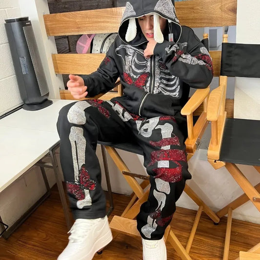Fashion trend Punk Skull Rhinestones Sweatpants Men Women Y2K Goth Streetwear Joggers Pant Vintage Casual Loose Sporting Clothes