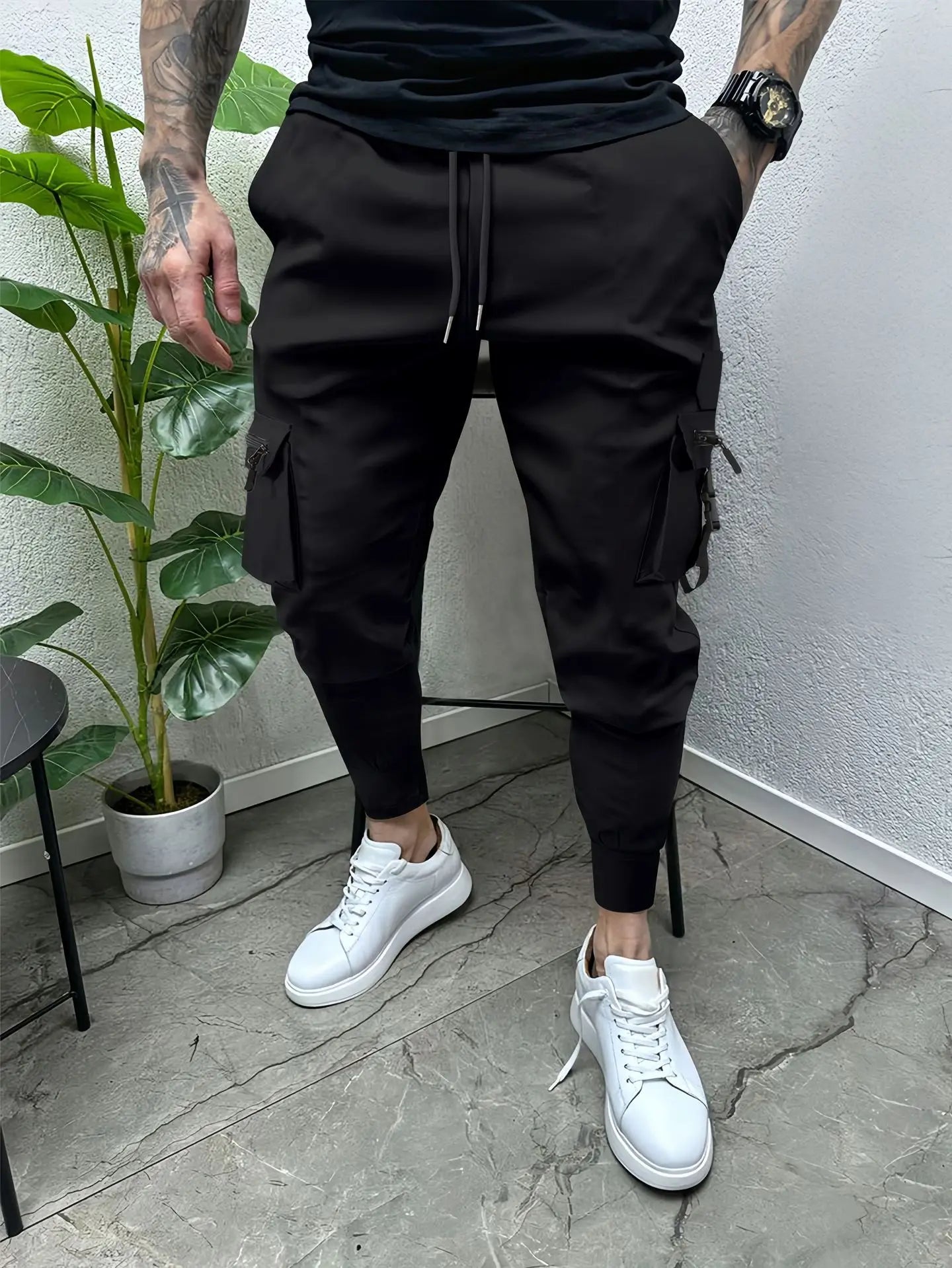Spring and autumn men's small foot cargo pants casual comfortable cotton multi-pocket drawstring slim-fit fashion sports pants