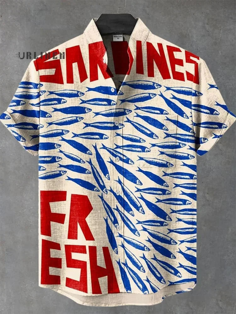 2025 Summer Blue Fish Line Retro 3D Printed Casual Fashion 100% Linen Men's Short sleeved Stand up Collar Shirt