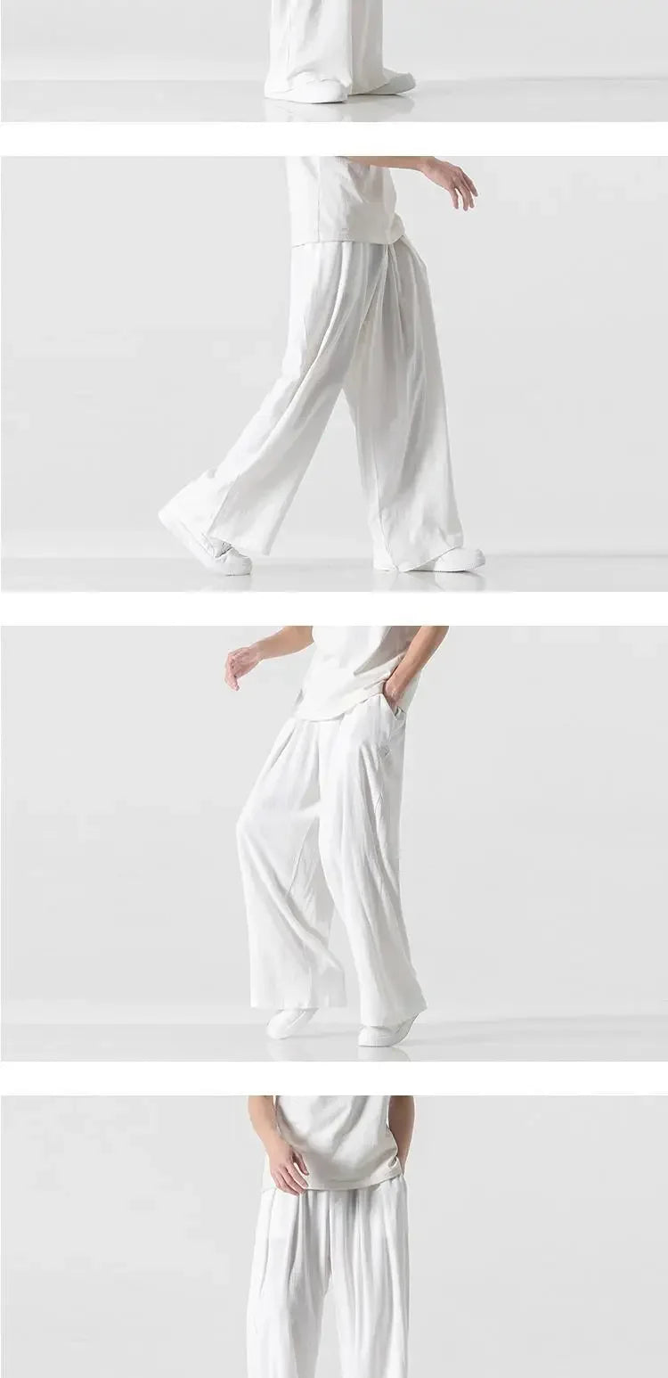 Hanfu Spirit Draped Linen Pants For Men Straight-leg Casual Trousers Chinese Style Loose-fit Ancient Wide-leg Song Trousers