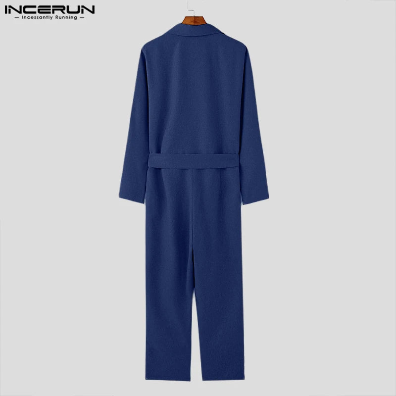 American Style Fashion Jumpsuit Casual Men's Suit Neck Double Breasted Jumpsuits Long Sleeved Casual Rompers S-5XL