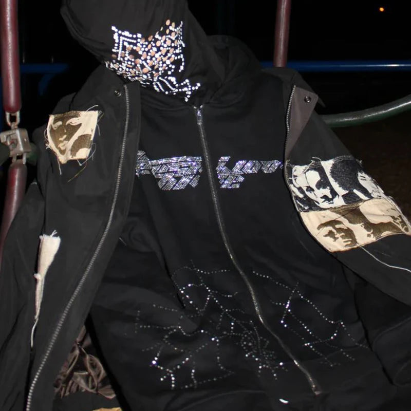 Rhinestone Full Zip Hoodie Skeleton Goth Sweatshirt Pull Long Sleeve Black Hoodies Y2k Fashion Men's Women's Sport Jackets Coats