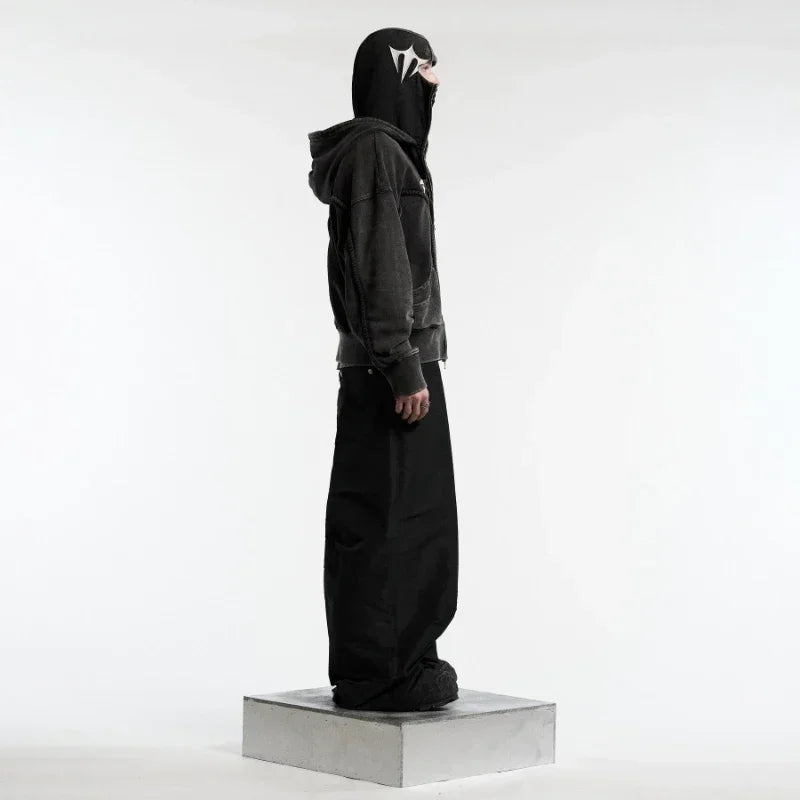 Y2K Ninja Hoodie Gothic Trendy Double Hat Design Functional Streetwear Vintage High Street Men Women Oversized Casual Pullover