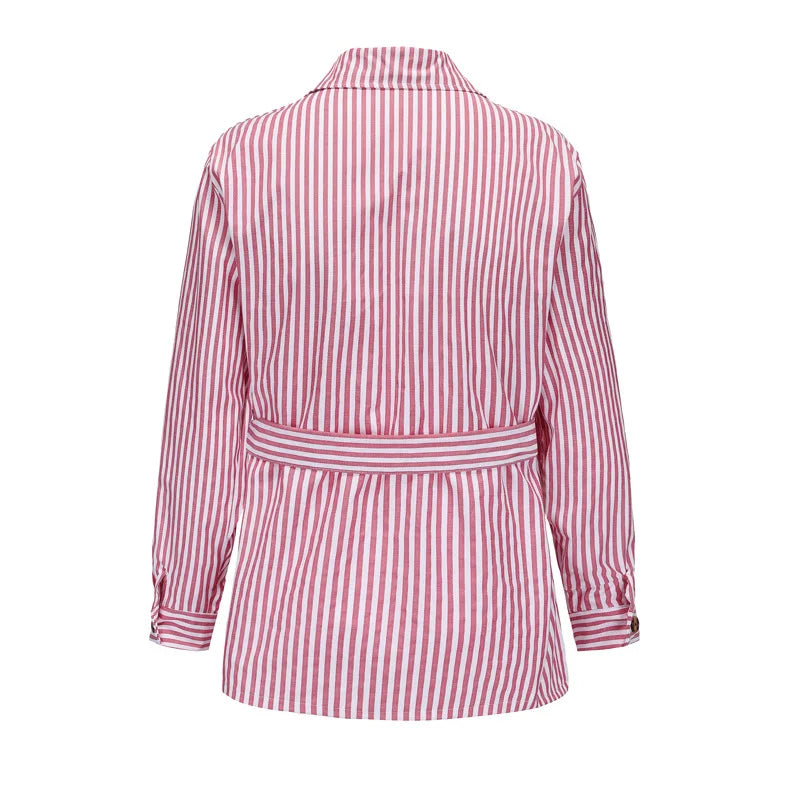 Men's Light Luxury Long Sleeve Striped Belted Shirts Casual Streetwear Button-down Pocket Shirt S-5XL 2025 New Spring Clothing