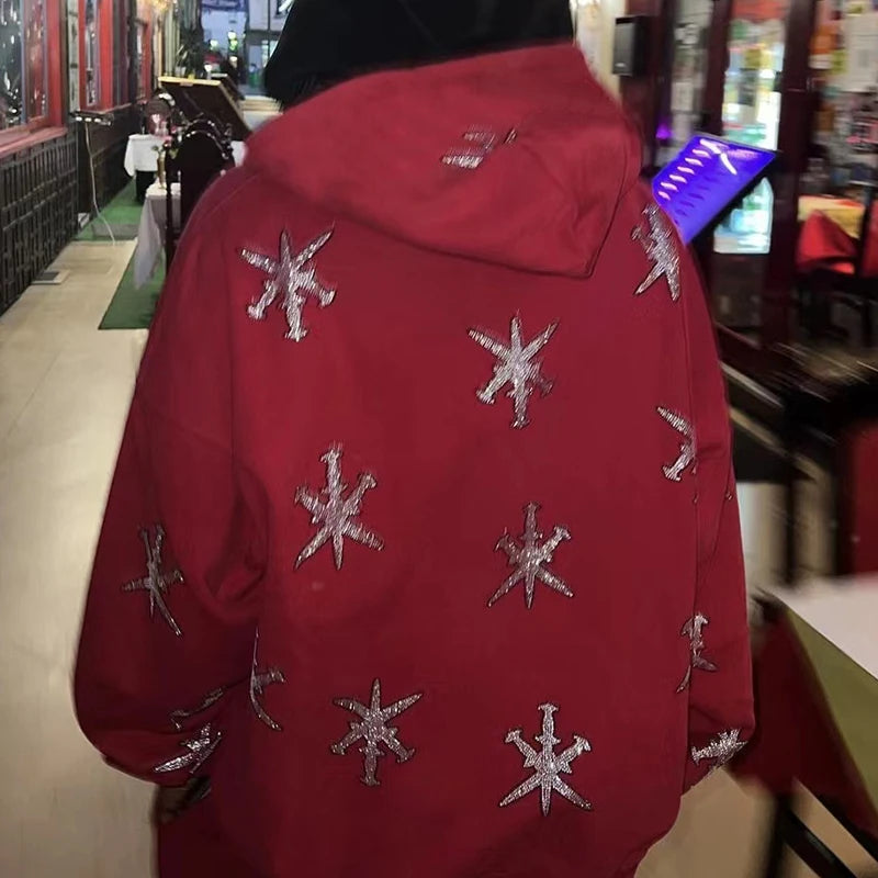 Rhinestone Full Zip Hoodie Skeleton Goth Sweatshirt Pull Long Sleeve Black Hoodies Y2k Fashion Men's Women's Sport Jackets Coats