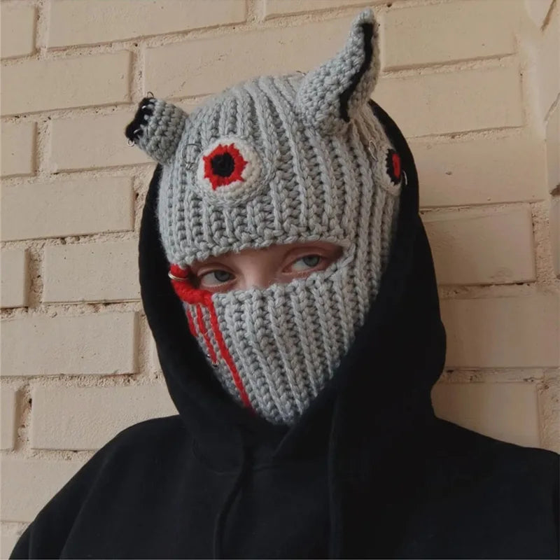 Funny Horns Knitted Hat Cosplay Halloween Masquerade Beanies Warm Full Face Cover Ski Mask Hat Windproof Helmet Trick Scare Prop