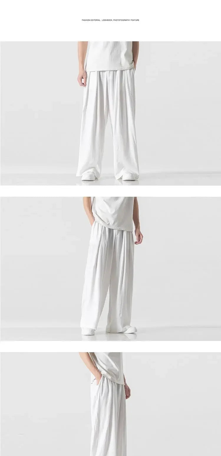 Hanfu Spirit Draped Linen Pants For Men Straight-leg Casual Trousers Chinese Style Loose-fit Ancient Wide-leg Song Trousers