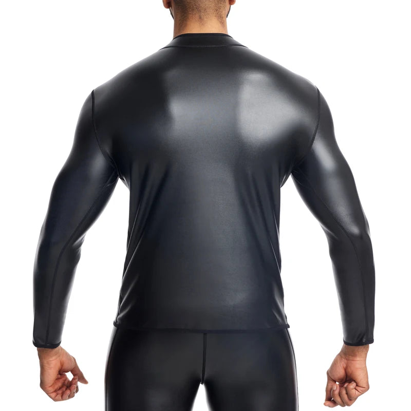 High quality Men's Leather Shirt New Men Sexy Leather T-Shirt Plus Size S-6XL Faux Leather Long Sleeve Top Black Slim Undershirt