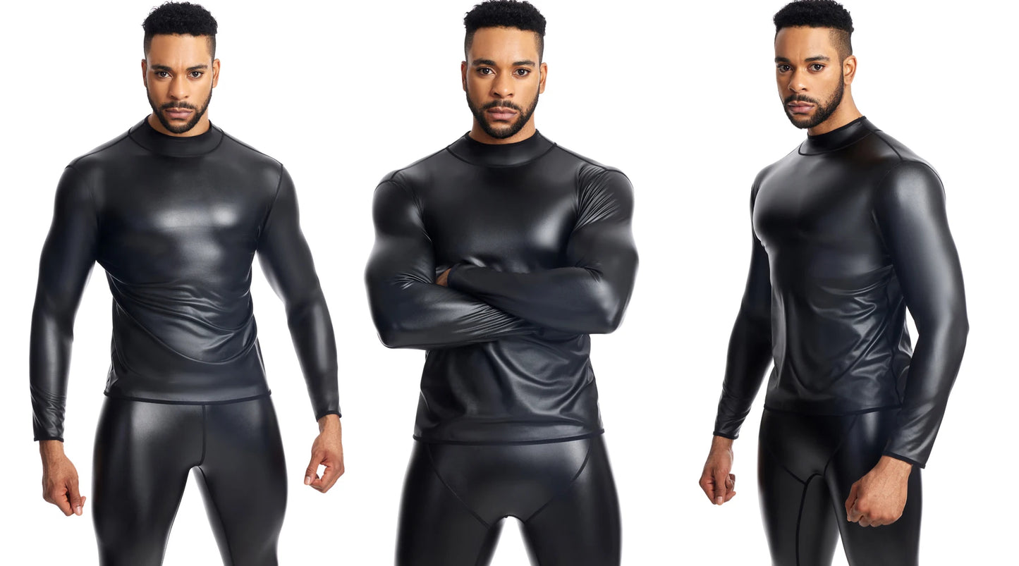 High quality Men's Leather Shirt New Men Sexy Leather T-Shirt Plus Size S-6XL Faux Leather Long Sleeve Top Black Slim Undershirt