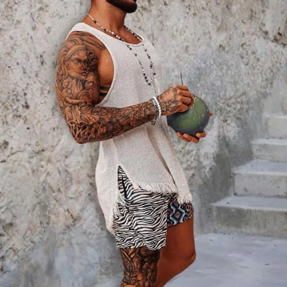 Men Tank Top Solid Color Sleeveless O Neck Knitted Summer Ripped Split T-shirt Tassel Men Vest Daily Clothes Men's Clothing