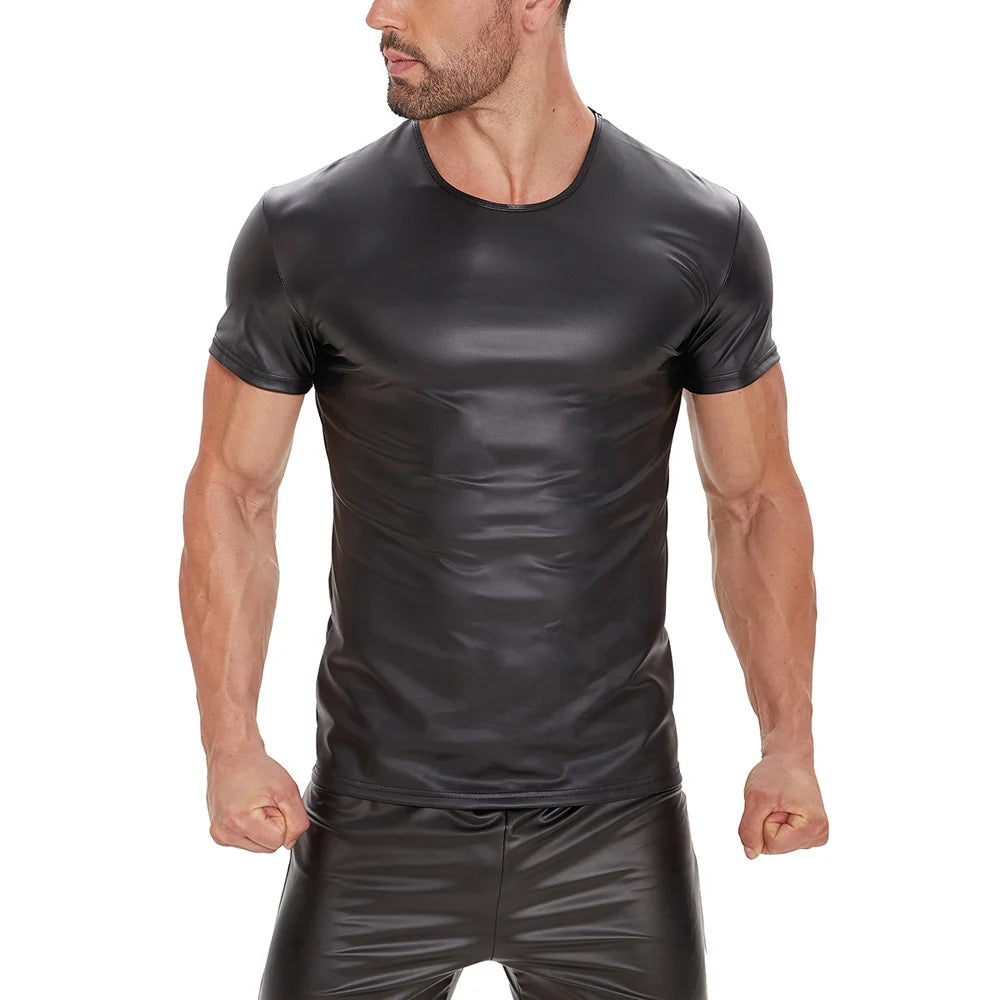 S-5XL Short Sleeve Faux PU Leather T Shirt Men Tights Bodybuilding Hot Muscle Tees Fitness Shapers Cosplay Clubwear Gothic Tops