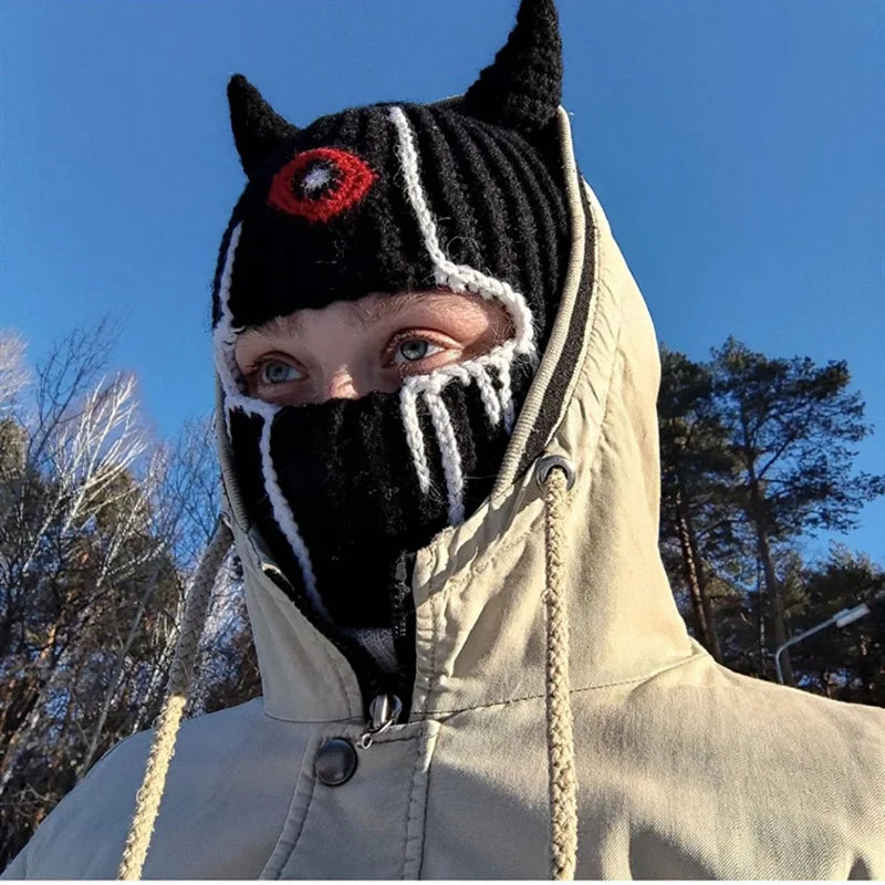 Funny Horns Knitted Hat Cosplay Halloween Masquerade Beanies Warm Full Face Cover Ski Mask Hat Windproof Helmet Trick Scare Prop