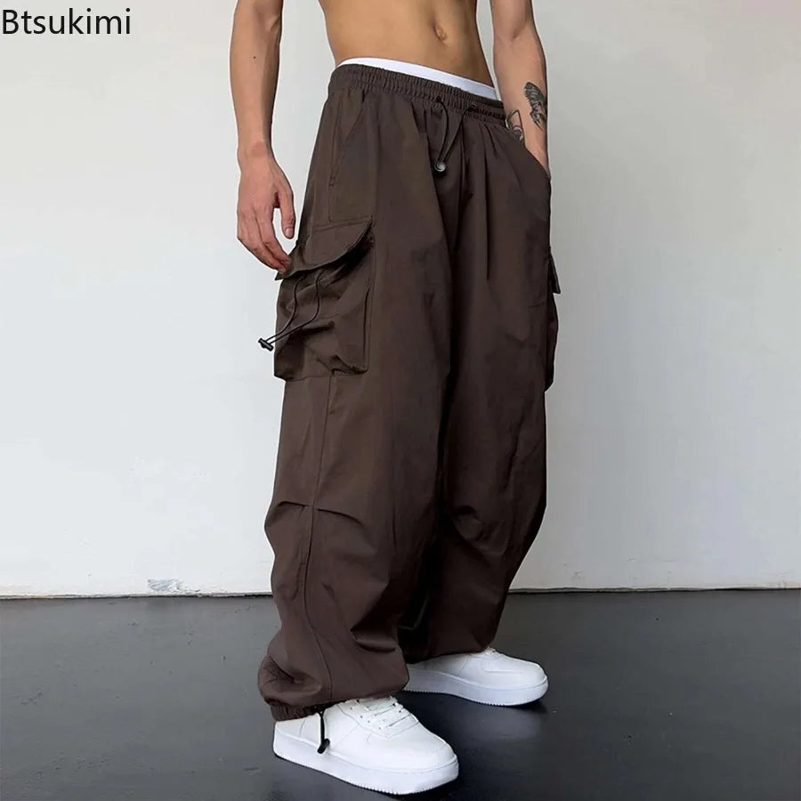 New Style Casual Pants Men's Multi Pocket Cargo Pants High Street Drawstring Workwear Trousers Men Loose Versatile Wide Leg Pant