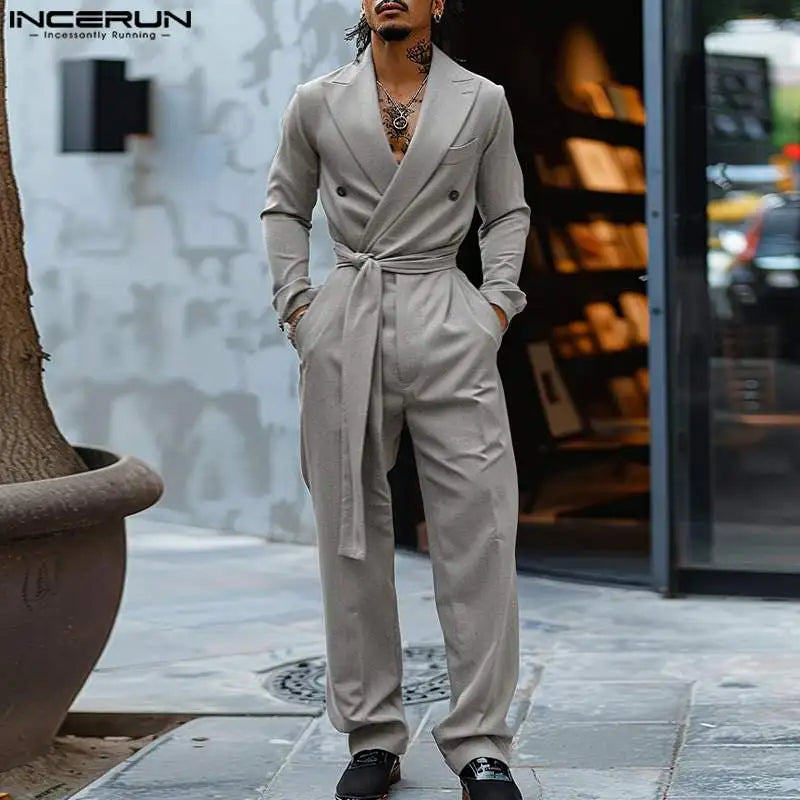 American Style Fashion Jumpsuit Casual Men's Suit Neck Double Breasted Jumpsuits Long Sleeved Casual Rompers S-5XL