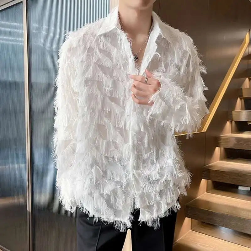 IEFB Korean Style Male Shirts Casual Tassel Lapel Long Sleeve Signle Breasted Solid Color Loose Men's Tops New Tide 2024 9C6460