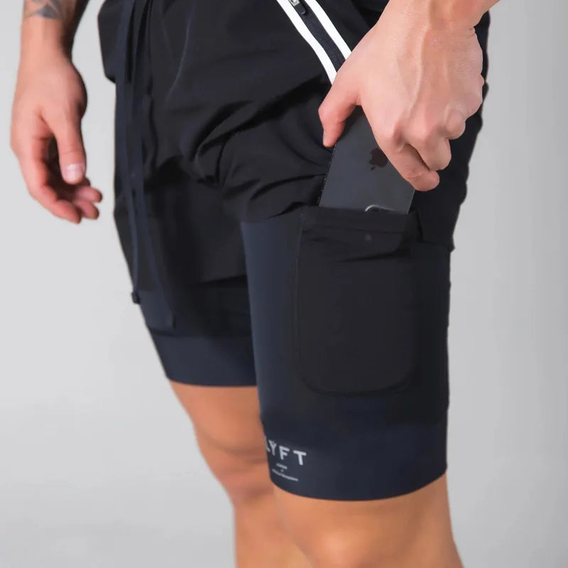 Double-deck fitness sports shorts men summer quick drying breathable woven Shorts Men's 2 IN 1training Gyms clothing
