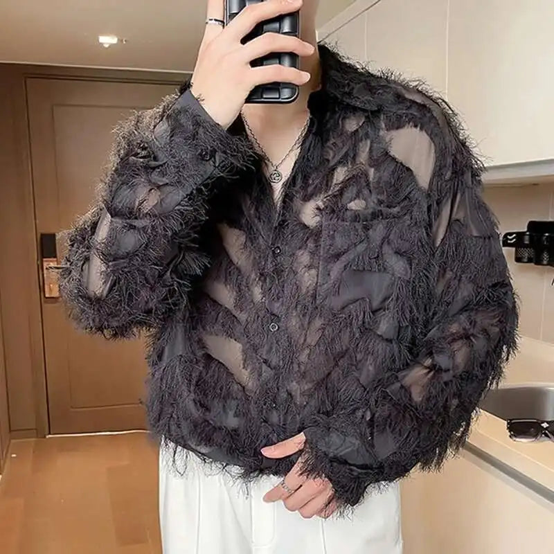IEFB Korean Style Male Shirts Casual Tassel Lapel Long Sleeve Signle Breasted Solid Color Loose Men's Tops New Tide 2024 9C6460