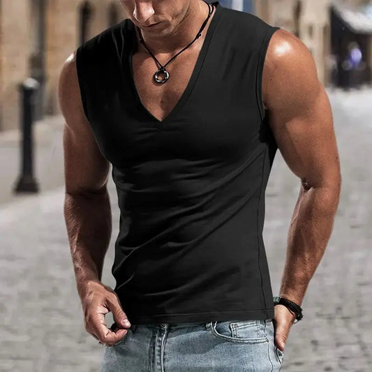 Summer men's solid color V-neck vest casual breathable sleeveless T-shirt vest suitable for fitness and sports