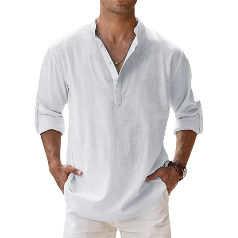 Spring and Autumn New Men's Linen Long Sleeve Breathable Shirt Solid Color Casual Basic Cotton Linen Shirt Tops Hemp Shirt