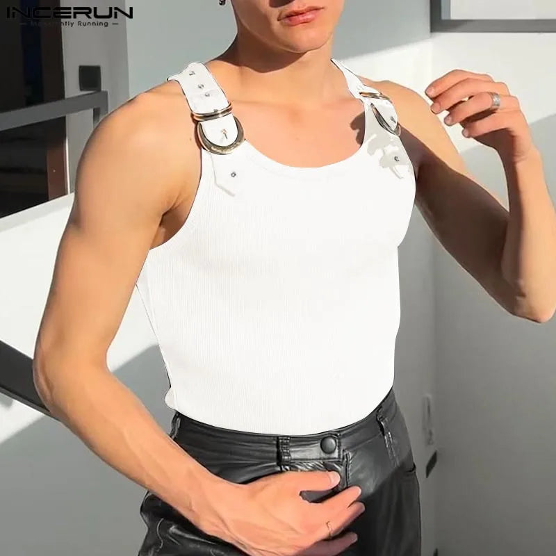 INCERUN Tops American Style Fashion New Men Deconstruction Design Metal Buckle Mesh Vests Casual Streetwear Male Solid Tank Tops