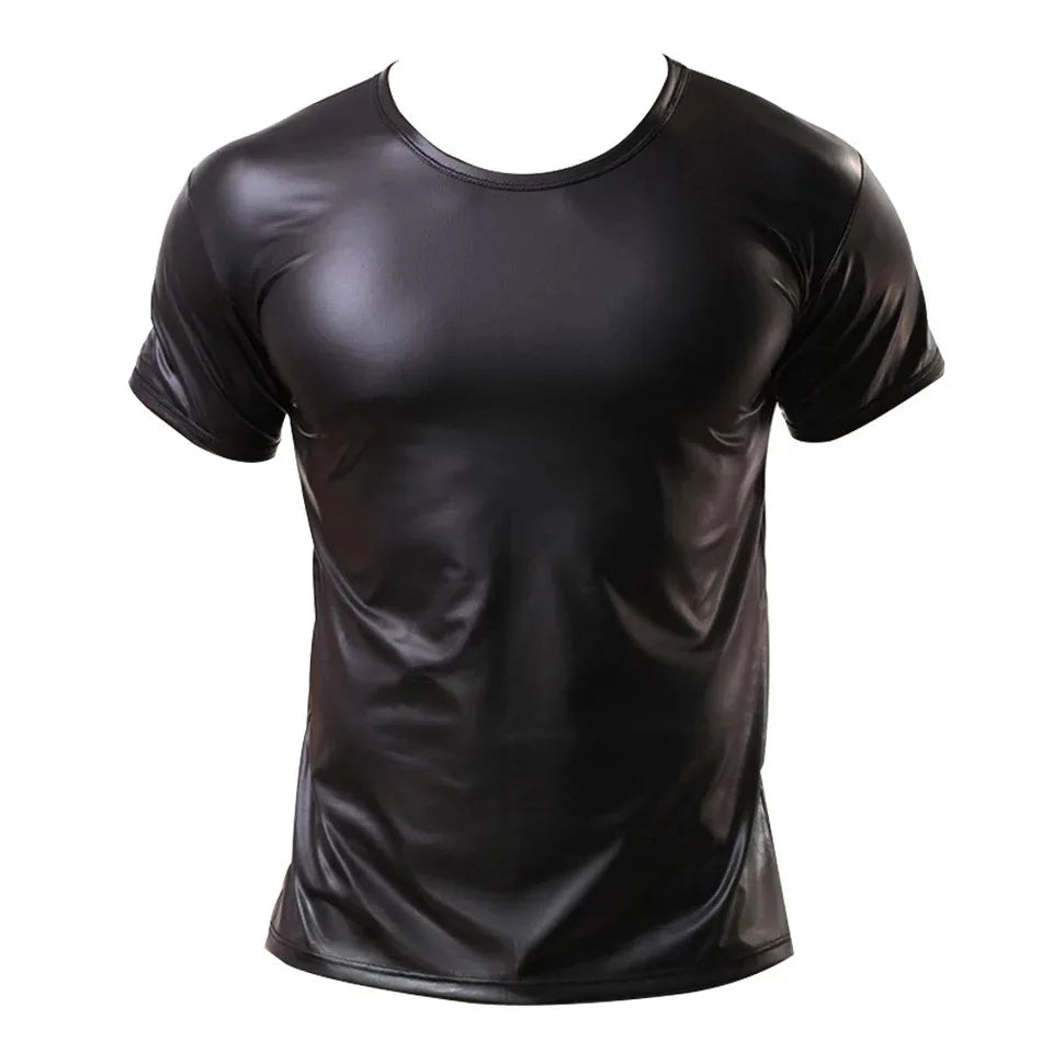 S-5XL Short Sleeve Faux PU Leather T Shirt Men Tights Bodybuilding Hot Muscle Tees Fitness Shapers Cosplay Clubwear Gothic Tops