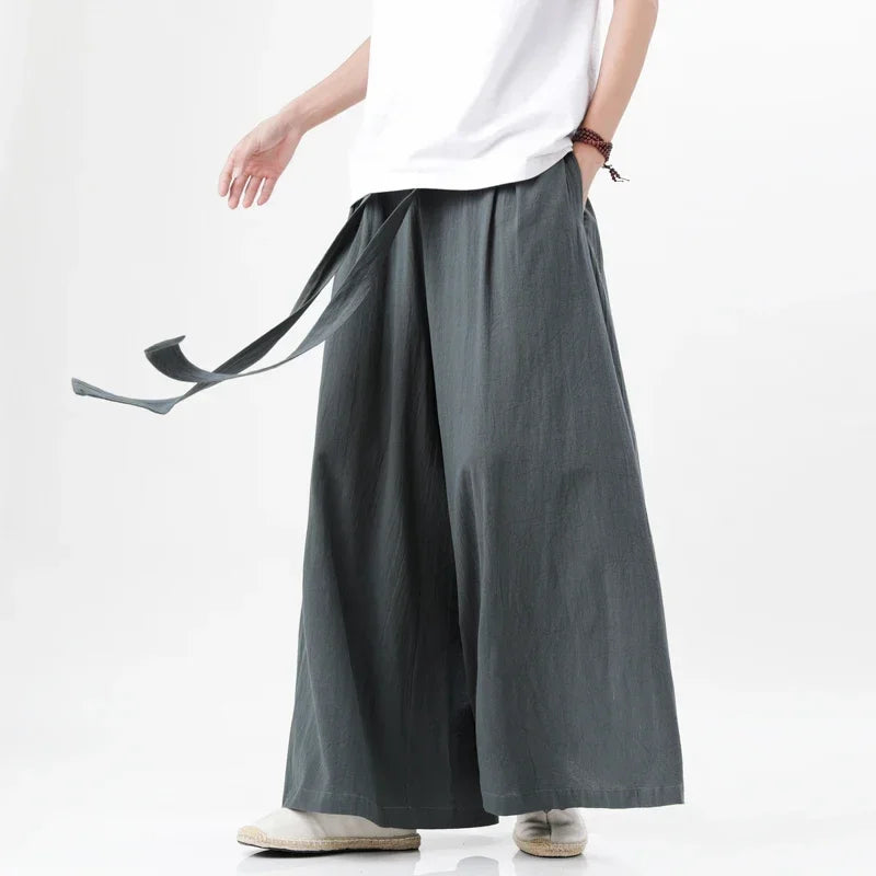 Spring Men Chinese Style Cotton Linen Harajuku Pants Men Kung Fu Kimono Trousers Male Street Wushu Wide Leg Pants Bottom