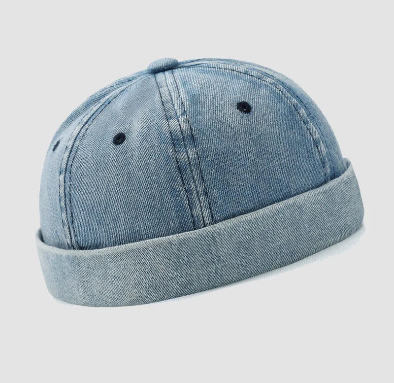 Hip Hop Blue Denim Washed Cotton Landlord Hat Docker Cap Rolled Edge Brimless Sailor Hat Solid Adjustable Beanie Hats Streetwear