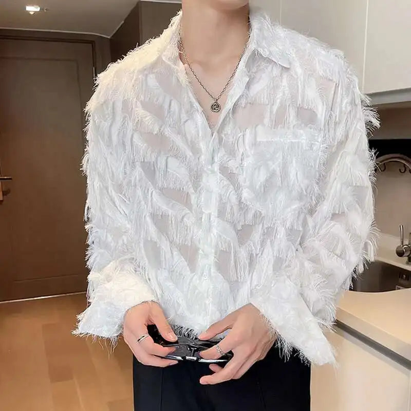 IEFB Korean Style Male Shirts Casual Tassel Lapel Long Sleeve Signle Breasted Solid Color Loose Men's Tops New Tide 2024 9C6460