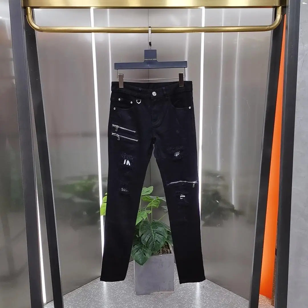 Luxury Men's High Street Korean Black Jeans with Zipper Distressed Hole Designer Youth Trend Slim-Fit Black Cotton Trousers