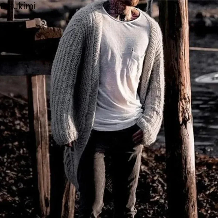 2025 Men's Thick Warm Knitted Cardigan Sweater Long Sleeve Loose Streetwear Knitted Mid Length Coat Jacket Men's Winter Clothing