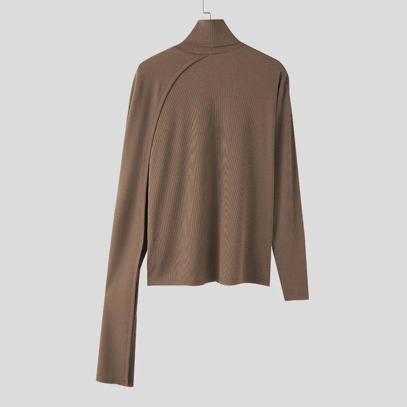 INCERUN Men Irregular Pullovers Solid Color Turtleneck Long Sleeve Knitted Casual Sweaters Streetwear Autumn 2023 Men Clothing