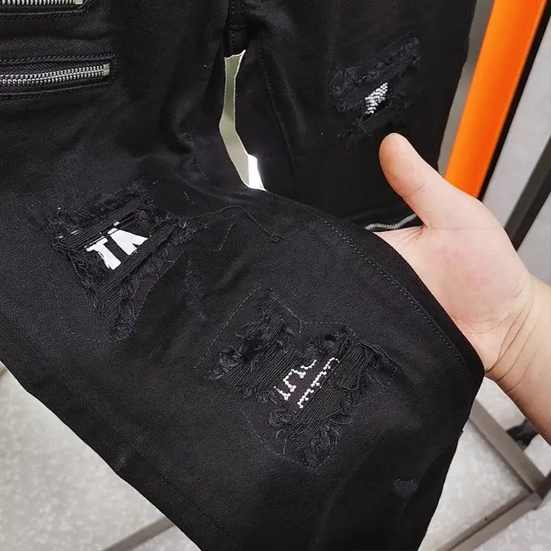 Luxury Men's High Street Korean Black Jeans with Zipper Distressed Hole Designer Youth Trend Slim-Fit Black Cotton Trousers