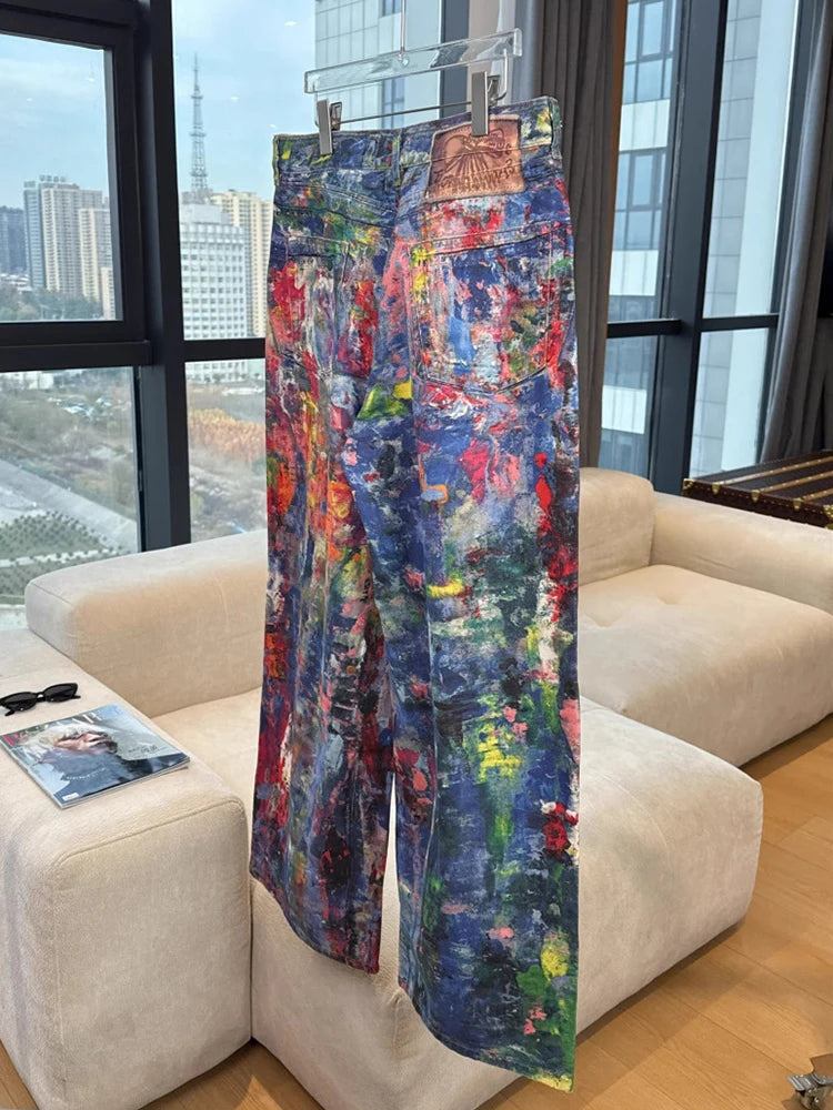 Y2K Fashion Men's Colorful Printing Denim Pants Spring Autumn New Casual Loose Straight Jeans Men Hip Hop Baggy Jean Trousers