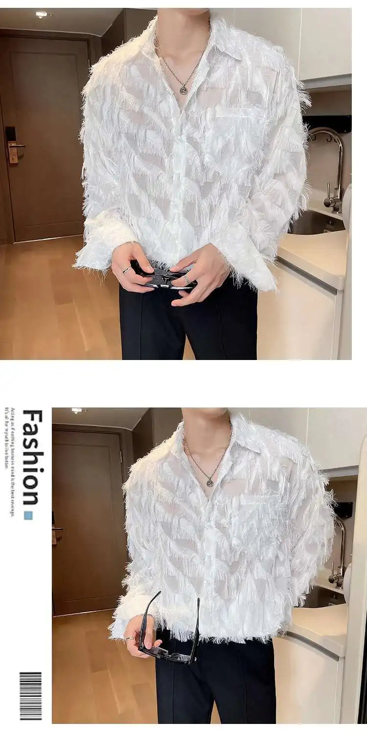 IEFB Korean Style Male Shirts Casual Tassel Lapel Long Sleeve Signle Breasted Solid Color Loose Men's Tops New Tide 2024 9C6460