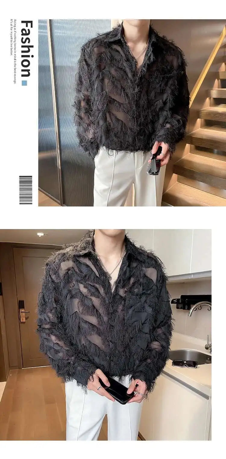 IEFB Korean Style Male Shirts Casual Tassel Lapel Long Sleeve Signle Breasted Solid Color Loose Men's Tops New Tide 2024 9C6460