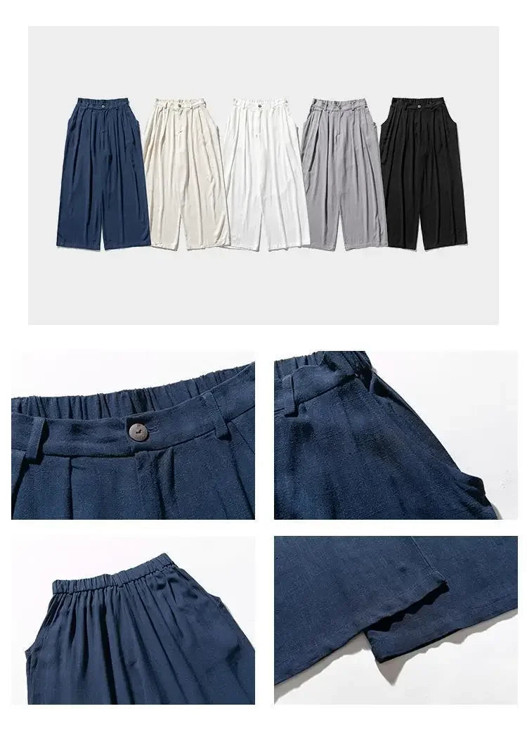 Hanfu Spirit Draped Linen Pants For Men Straight-leg Casual Trousers Chinese Style Loose-fit Ancient Wide-leg Song Trousers