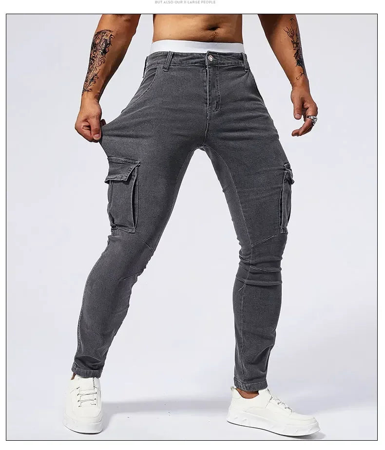 2025 New Men Street Elastic Denim Jeans Multi Pockets Cargo Pants Casual Slim Denim Trousers Fashion Y2k Joggers Baggy Man Pants