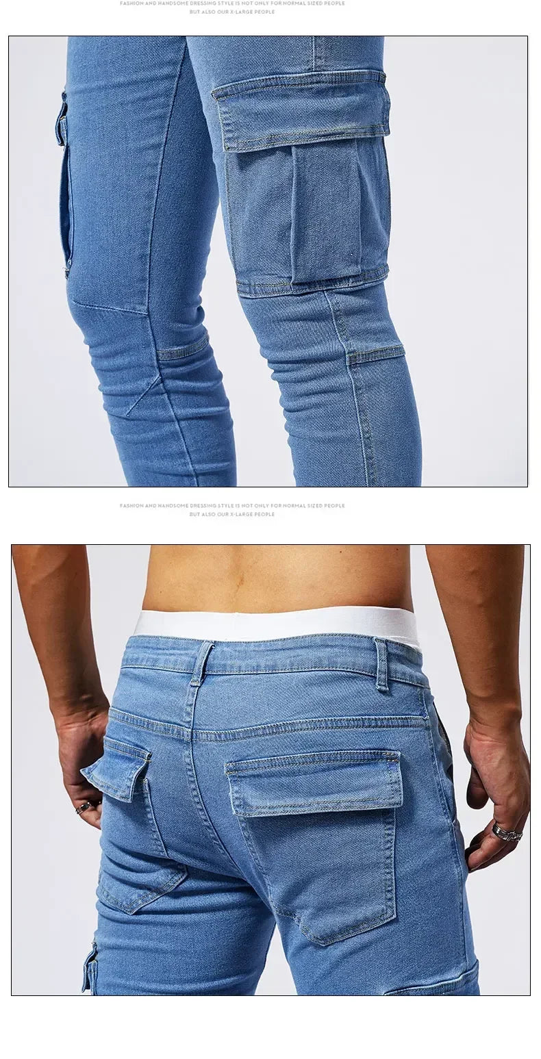2025 New Men Street Elastic Denim Jeans Multi Pockets Cargo Pants Casual Slim Denim Trousers Fashion Y2k Joggers Baggy Man Pants