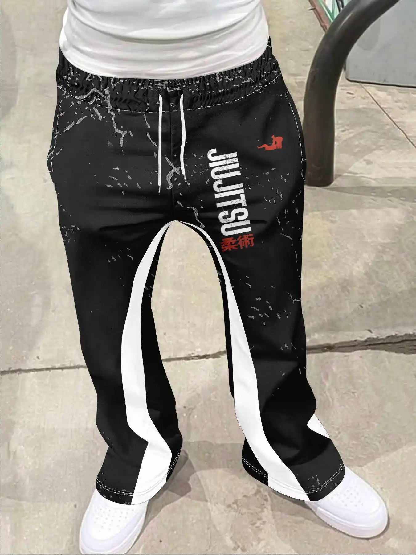 Men's Casual Street Style Trendy Cross Print Fashionable Slightly Flared Black and White Color-Block Design Sweatpants Men Pants