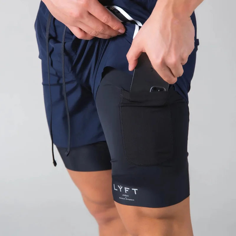 Double-deck fitness sports shorts men summer quick drying breathable woven Shorts Men's 2 IN 1training Gyms clothing